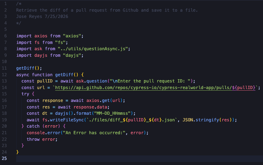 Screenshot of script saving diff to local file.