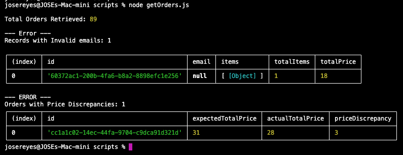 Script to find errors in orders response.