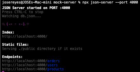 Starting the JSON Server in the terminal with the command 'json-server --watch db.json --port 4000'