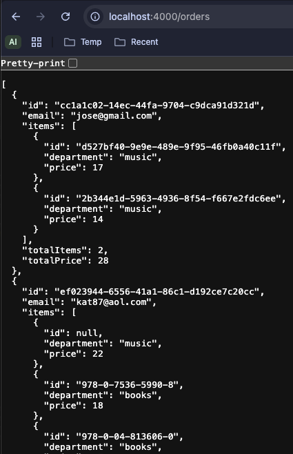 Retrieving the orders response by entering the endpoint URL in the browser
